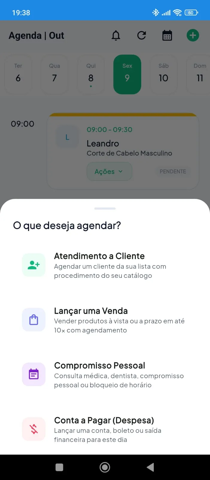 Menu de ações rápidas da agenda no TimeCare Lite